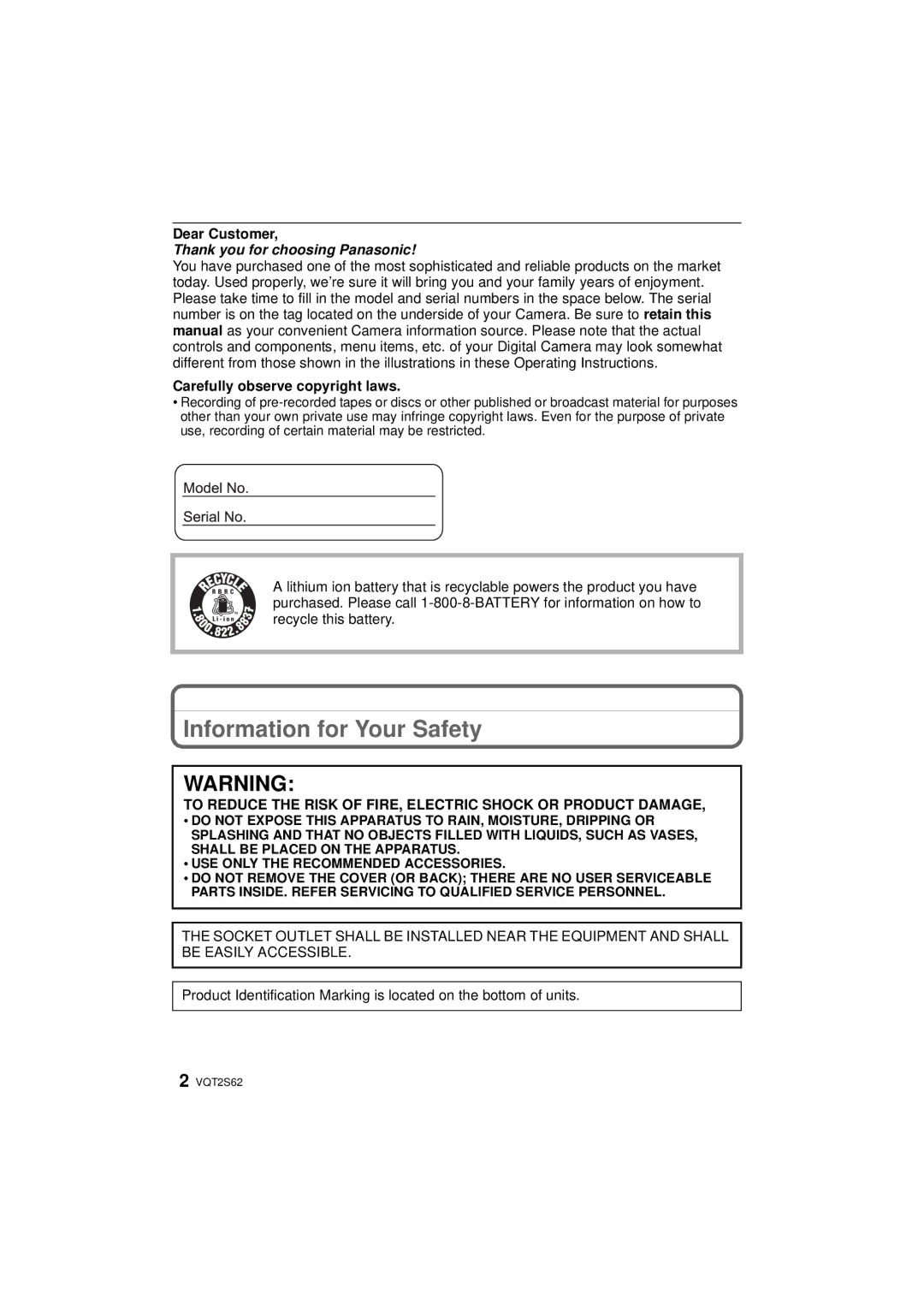 Panasonic DMC-G10K operating instructions Information for Your Safety, Dear Customer, Carefully observe copyright laws 