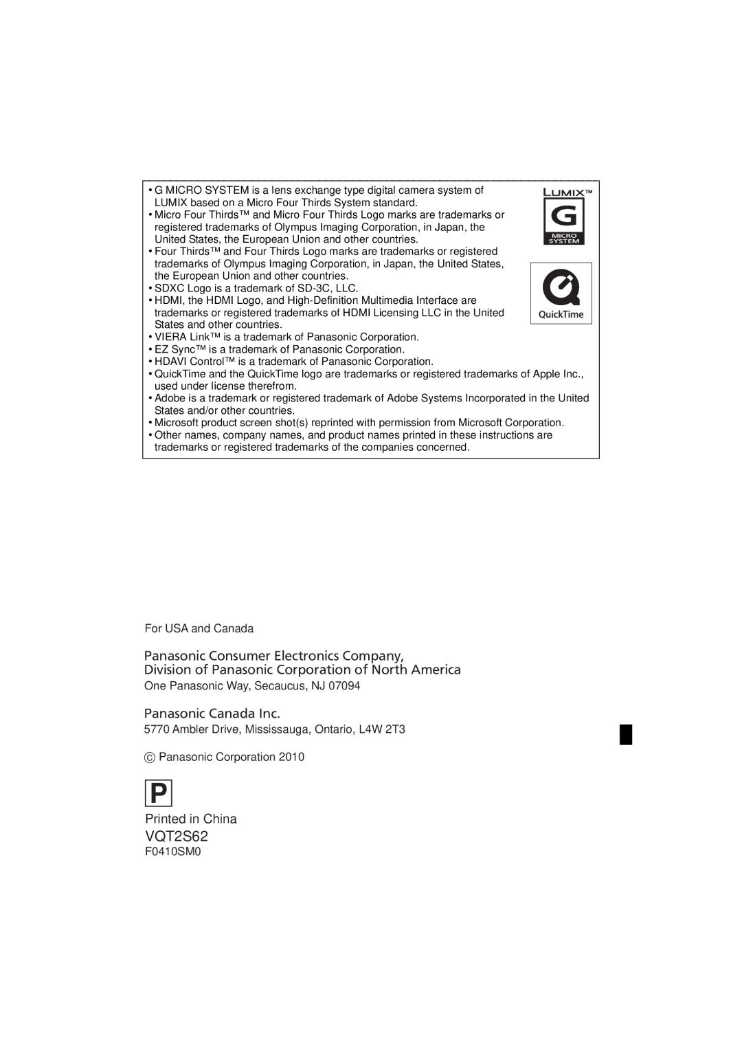 Panasonic DMC-G10K operating instructions F0410SM0, United States, the European Union and other countries 