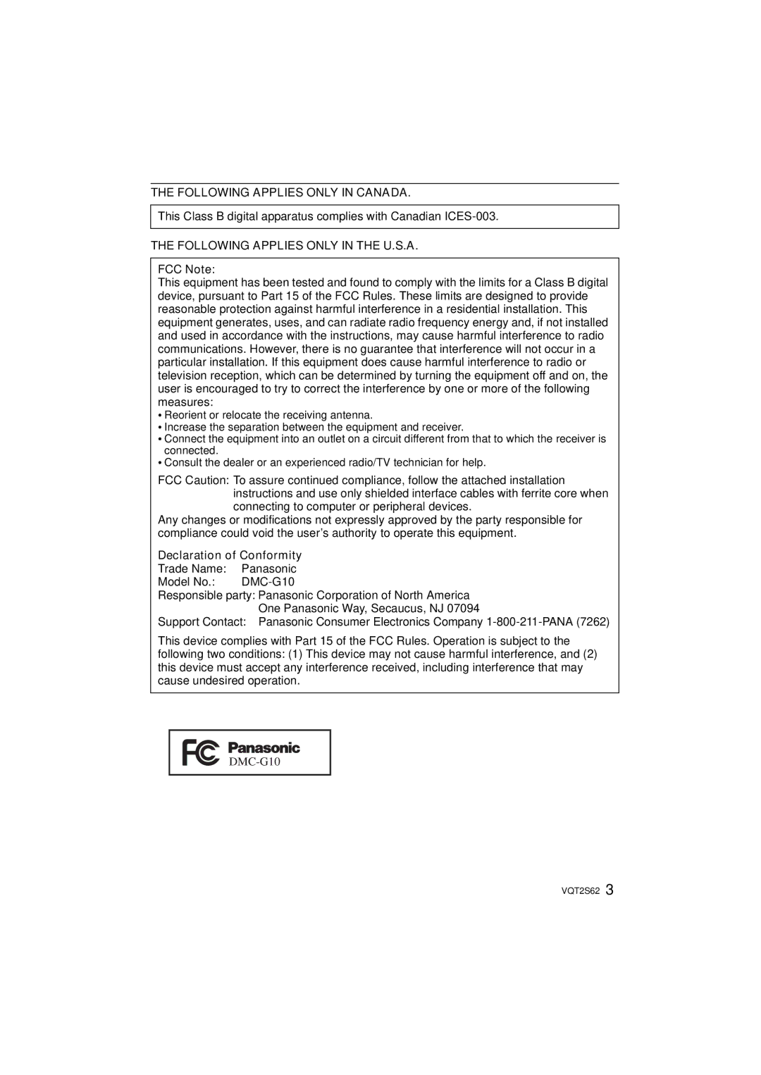 Panasonic DMC-G10K operating instructions Following Applies only in Canada, Following Applies only in the U.S.A, FCC Note 