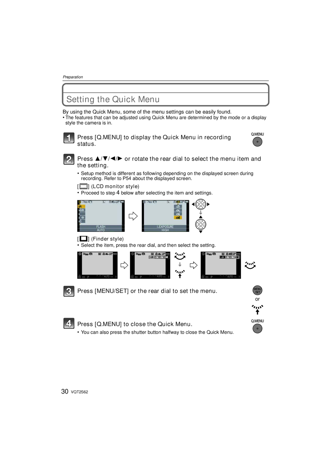 Panasonic DMC-G10K operating instructions Setting the Quick Menu, LCD monitor style, Finder style 