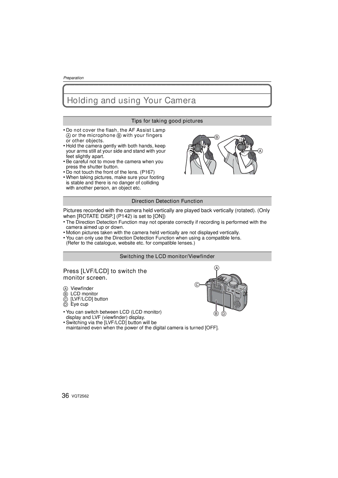 Panasonic DMC-G10K Holding and using Your Camera, Press LVF/LCD to switch the monitor screen, Direction Detection Function 