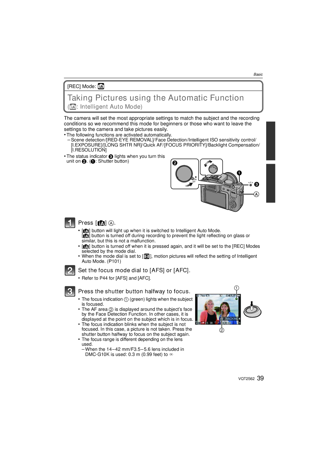 Panasonic DMC-G10K Taking Pictures using the Automatic Function, Set the focus mode dial to AFS or AFC, REC Mode ñ 