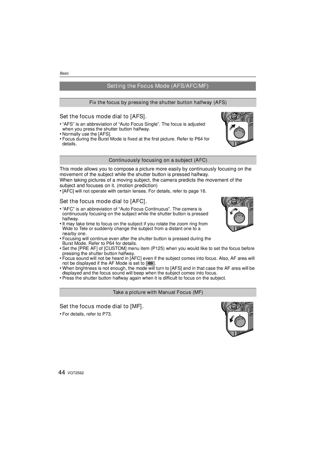 Panasonic DMC-G10K Setting the Focus Mode AFS/AFC/MF, Set the focus mode dial to AFS, Set the focus mode dial to AFC 