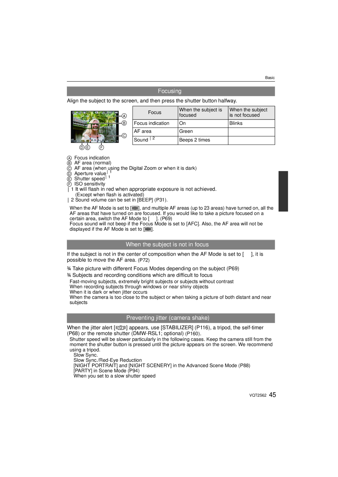 Panasonic DMC-G10K operating instructions Focusing, When the subject is not in focus, Preventing jitter camera shake 