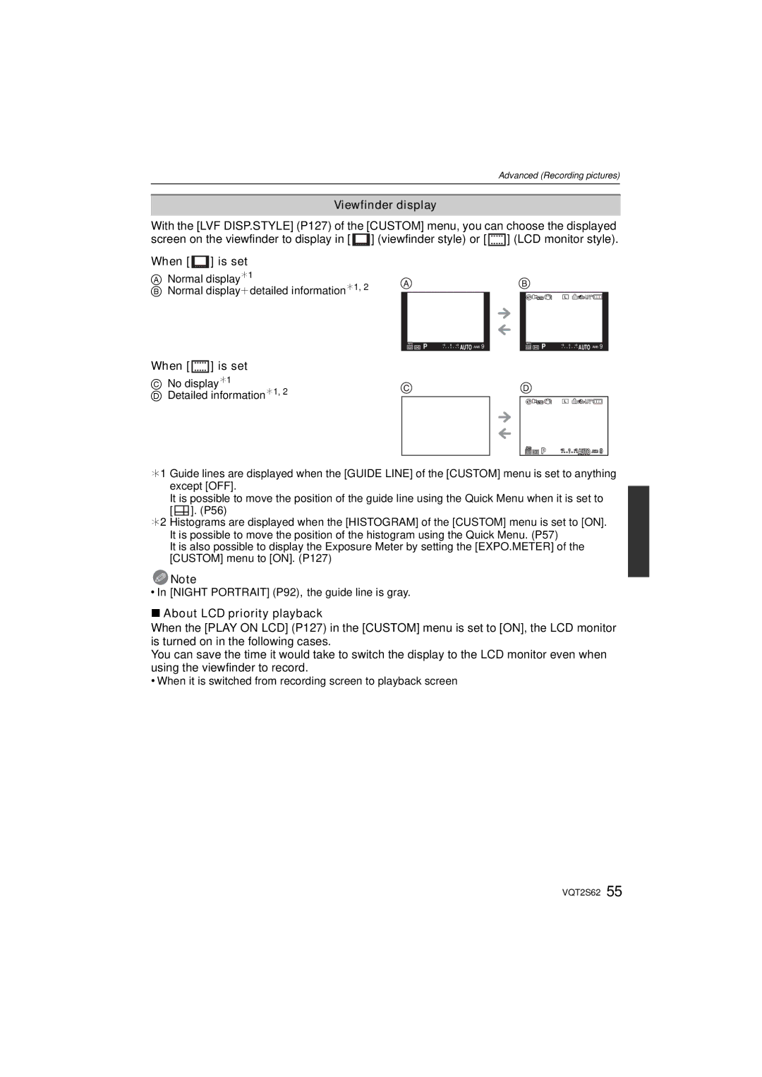 Panasonic DMC-G10K operating instructions Viewfinder display, About LCD priority playback 