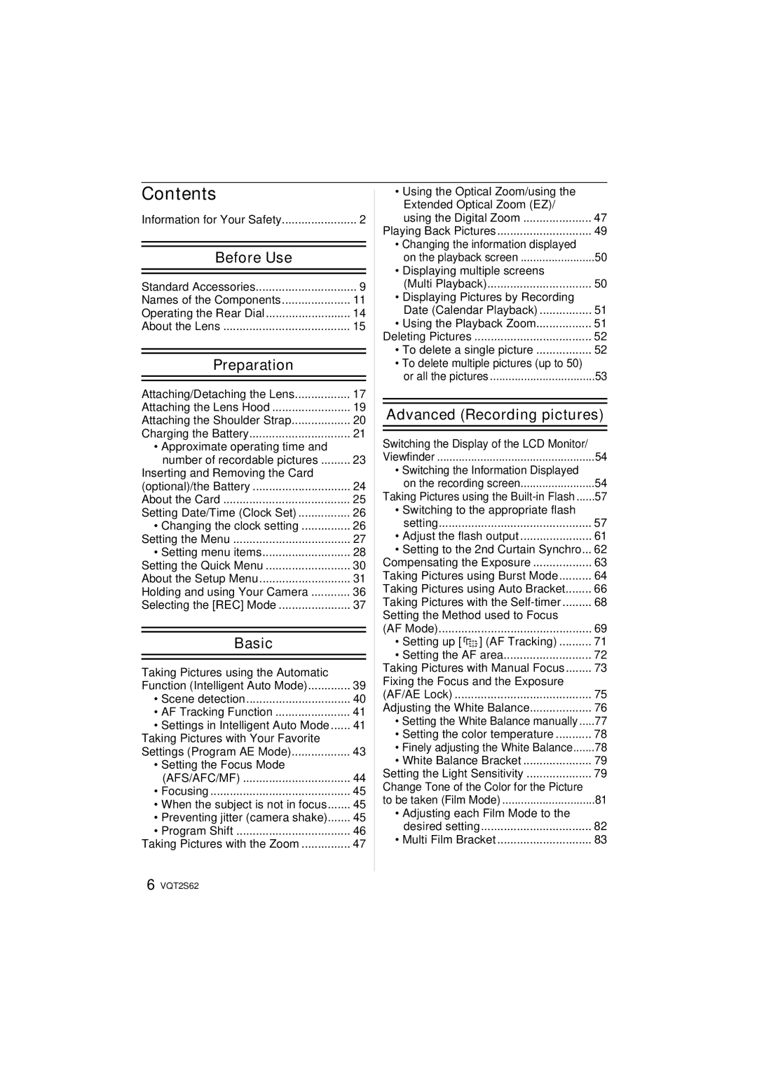 Panasonic DMC-G10K operating instructions Contents 