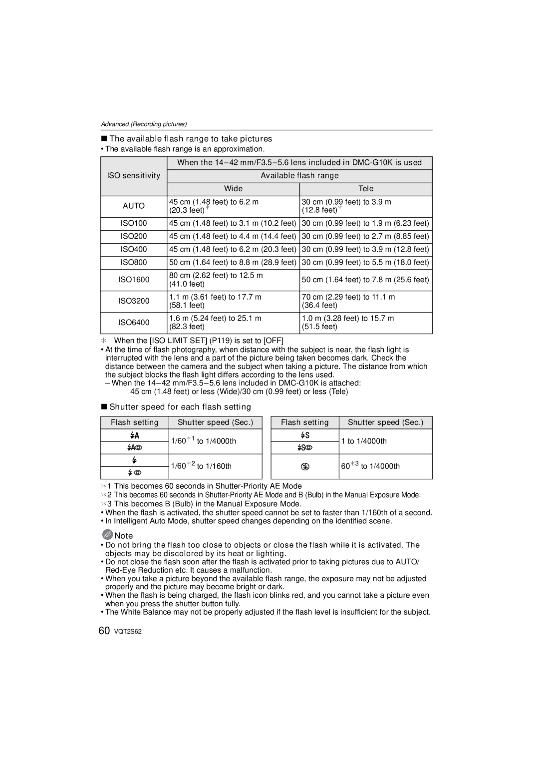 Panasonic DMC-G10K Available flash range to take pictures, Shutter speed for each flash setting, Auto 