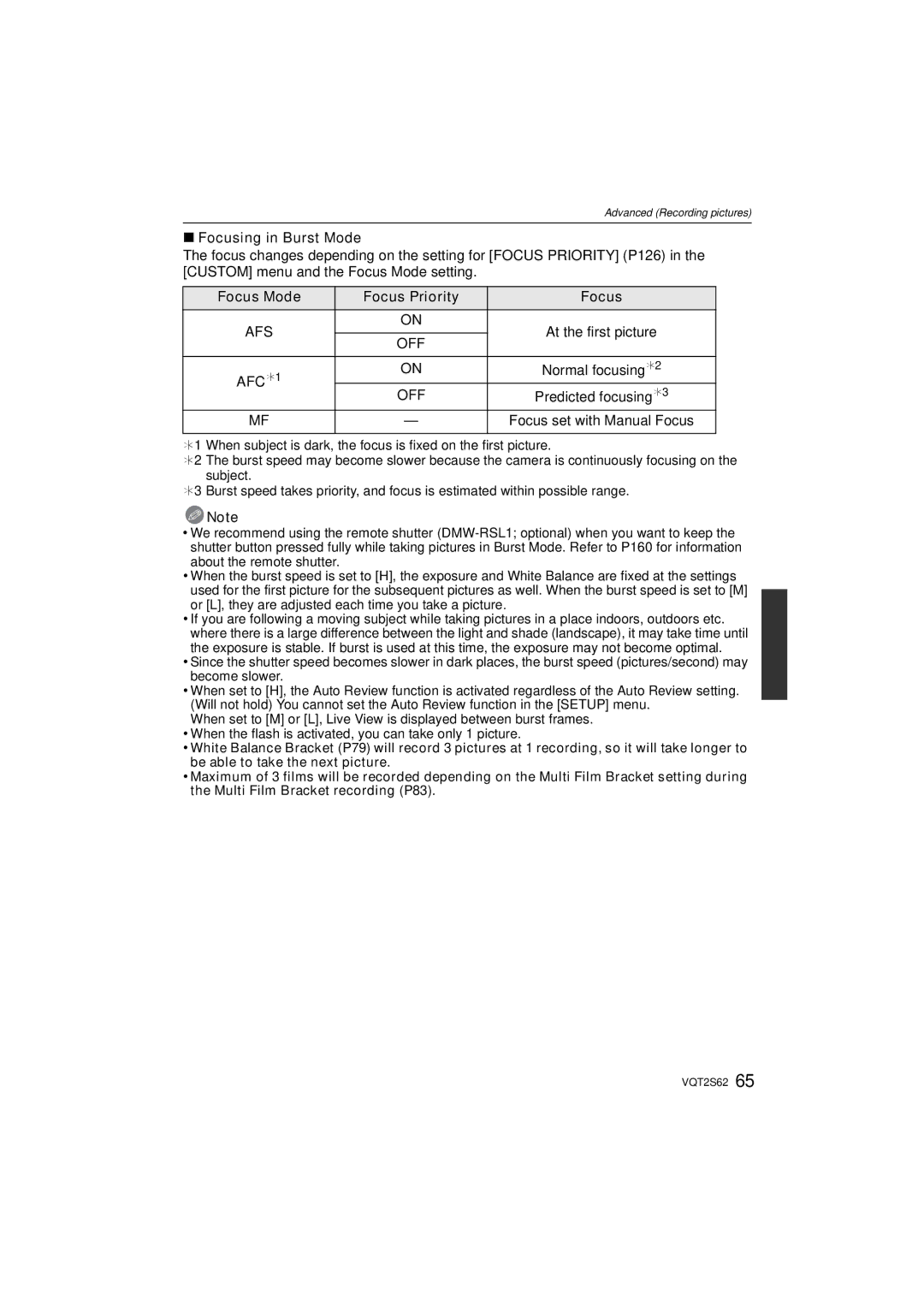 Panasonic DMC-G10K Focusing in Burst Mode, Focus Mode Focus Priority, AFC ¢1 Normal focusing ¢2, Predicted focusing ¢3 