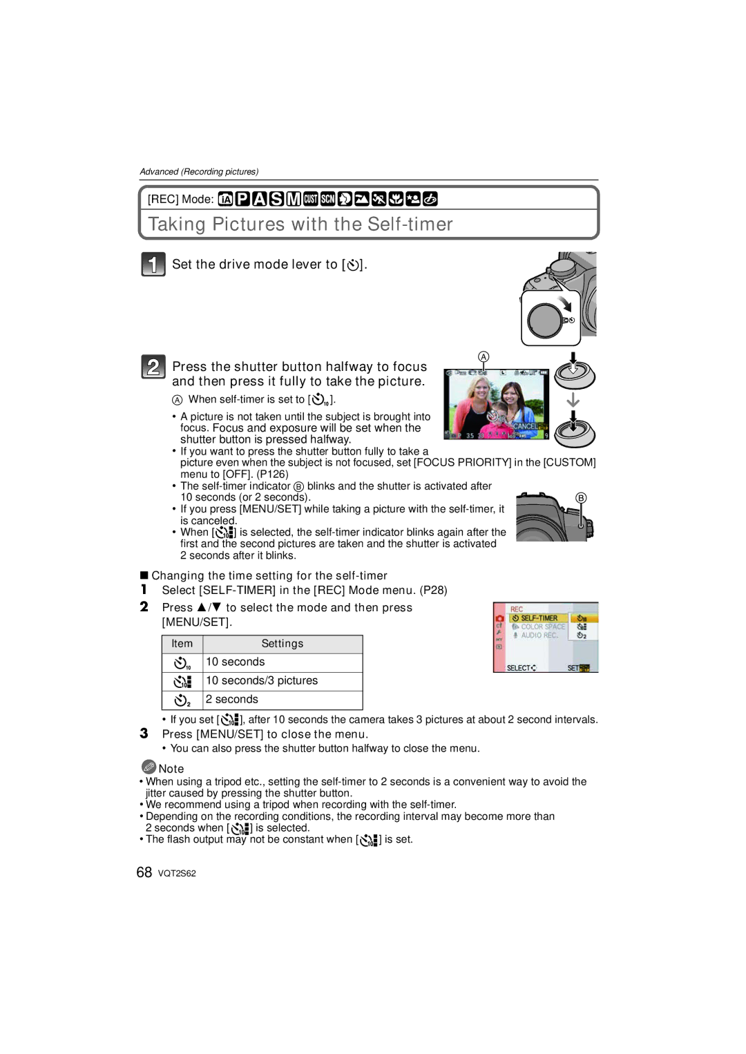 Panasonic DMC-G10K operating instructions Taking Pictures with the Self-timer, Seconds/3 pictures 