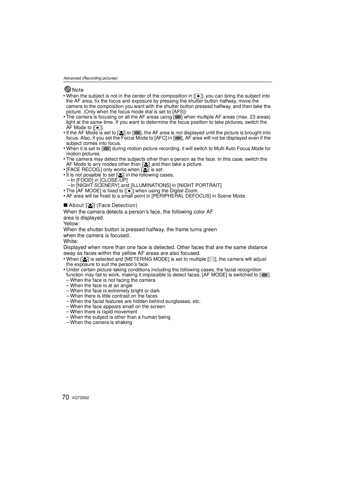 Panasonic DMC-G10K operating instructions About š Face Detection 