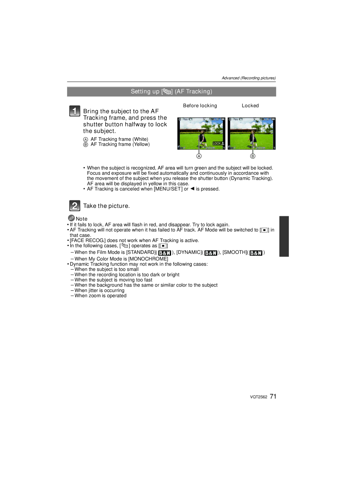 Panasonic DMC-G10K operating instructions Setting up AF Tracking, Take the picture, Before locking 