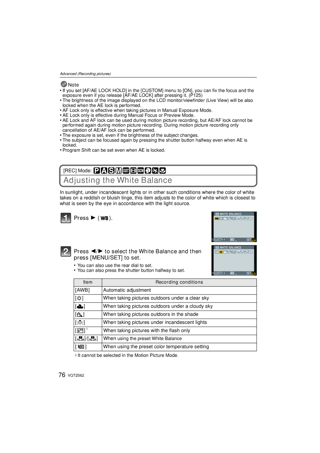 Panasonic DMC-G10K operating instructions Adjusting the White Balance 