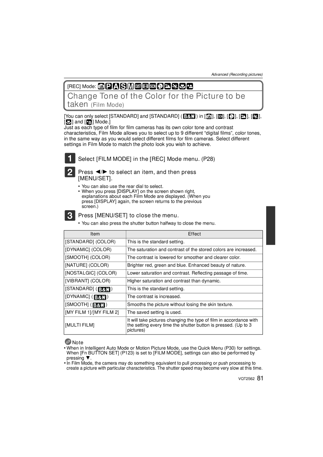 Panasonic DMC-G10K operating instructions Change Tone of the Color for the Picture to be 