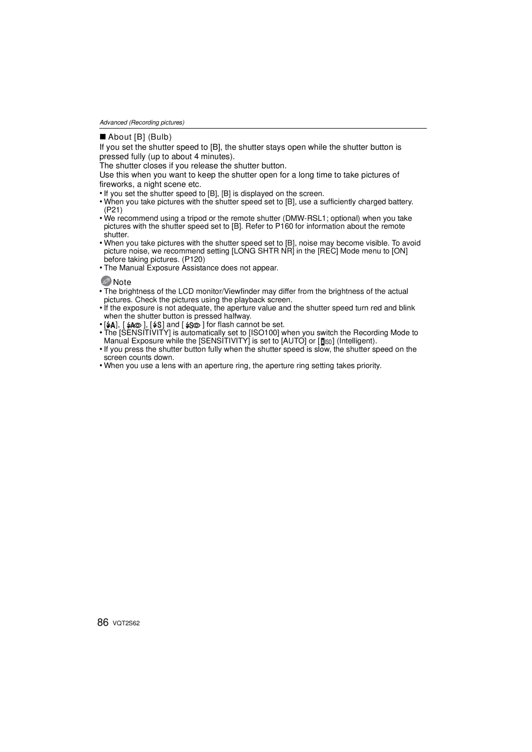 Panasonic DMC-G10K operating instructions About B Bulb 