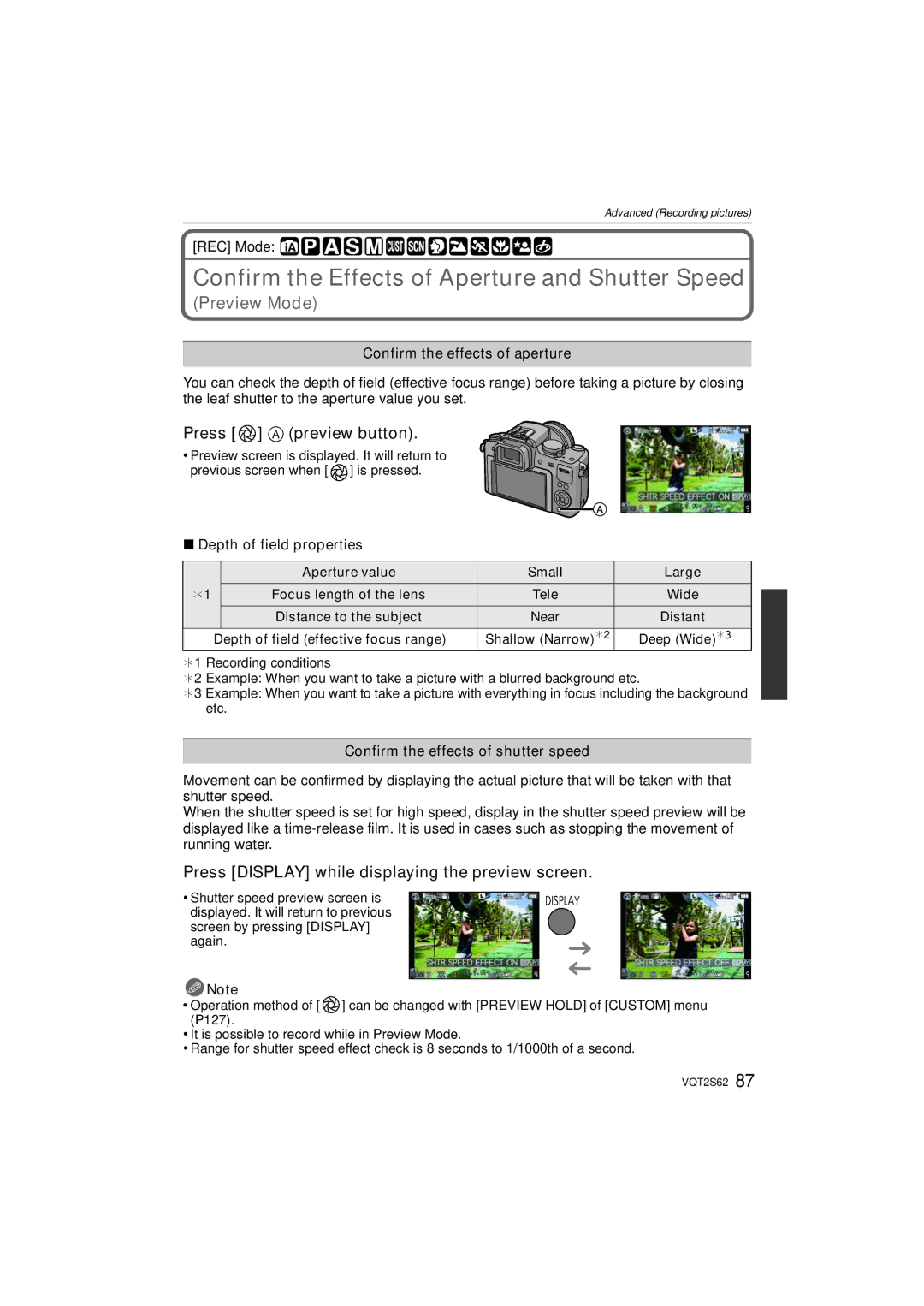 Panasonic DMC-G10K operating instructions Confirm the Effects of Aperture and Shutter Speed, Press a preview button 