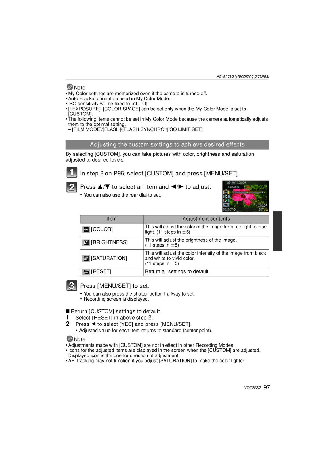 Panasonic DMC-G10K Adjusting the custom settings to achieve desired effects, Color, Brightness, Saturation, Reset 