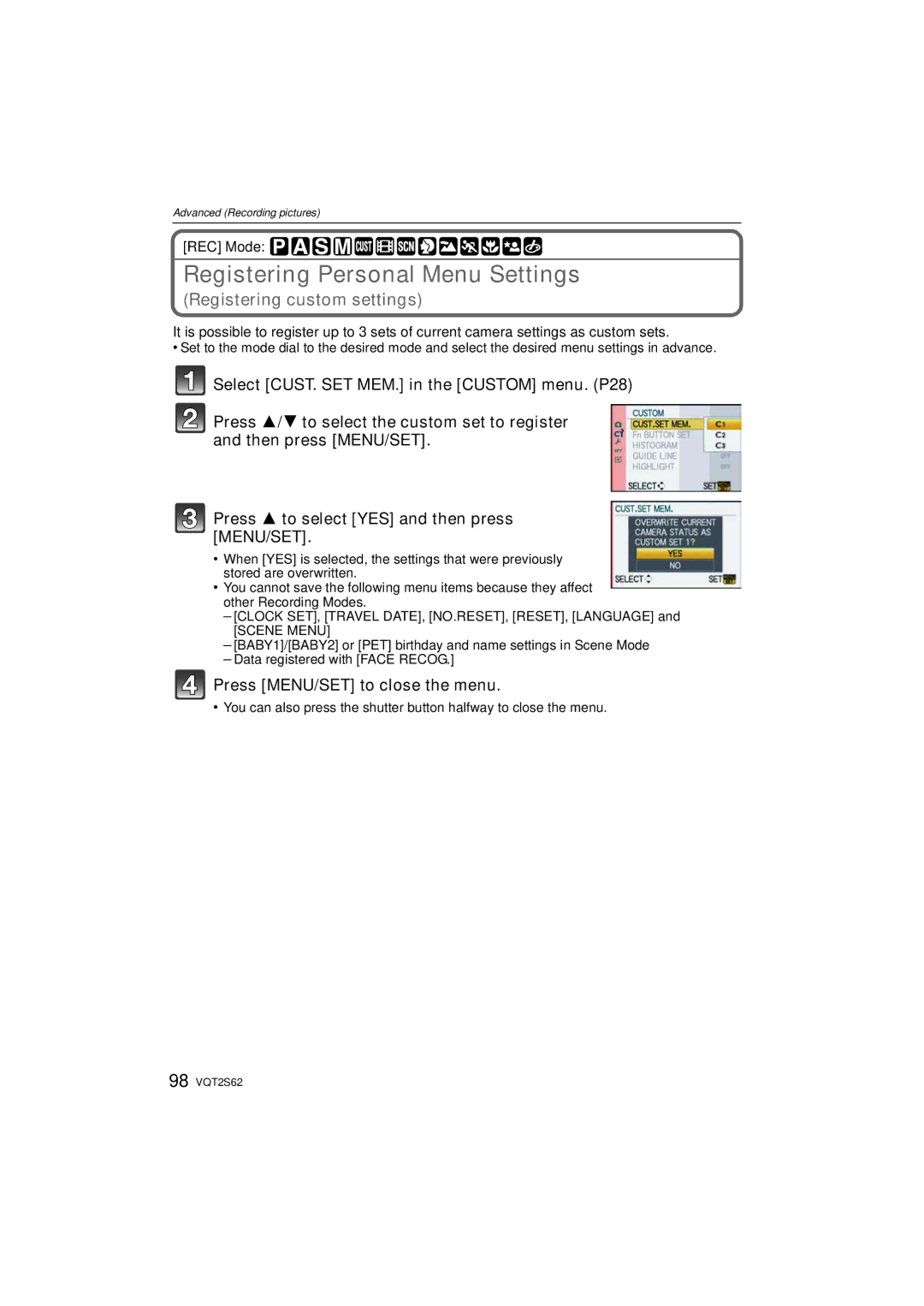 Panasonic DMC-G10K operating instructions Registering Personal Menu Settings, Registering custom settings 