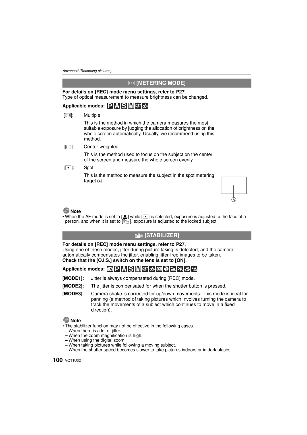 Panasonic DMC-G1K operating instructions Metering Mode, Stabilizer 