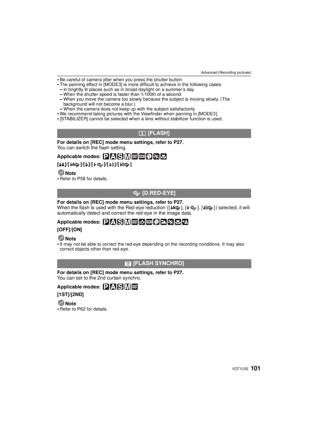 Panasonic DMC-G1K operating instructions Red-Eye, Flash Synchro 