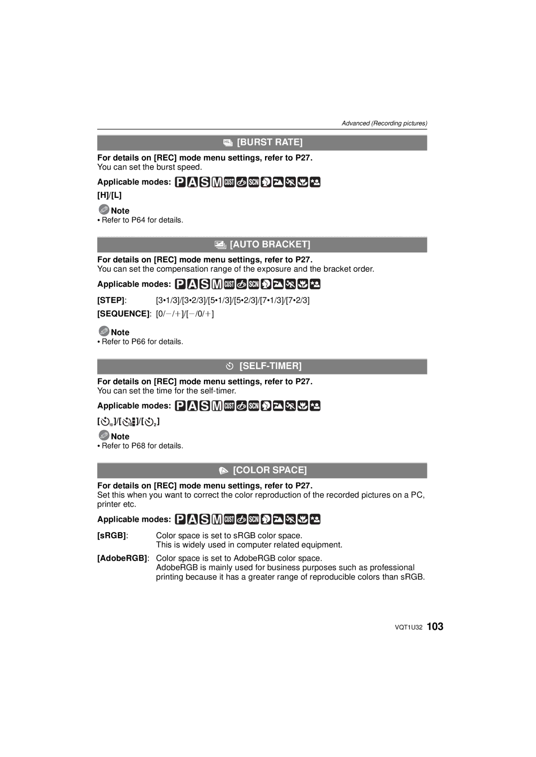 Panasonic DMC-G1K operating instructions Burst Rate, Auto Bracket, Self-Timer, Color Space 