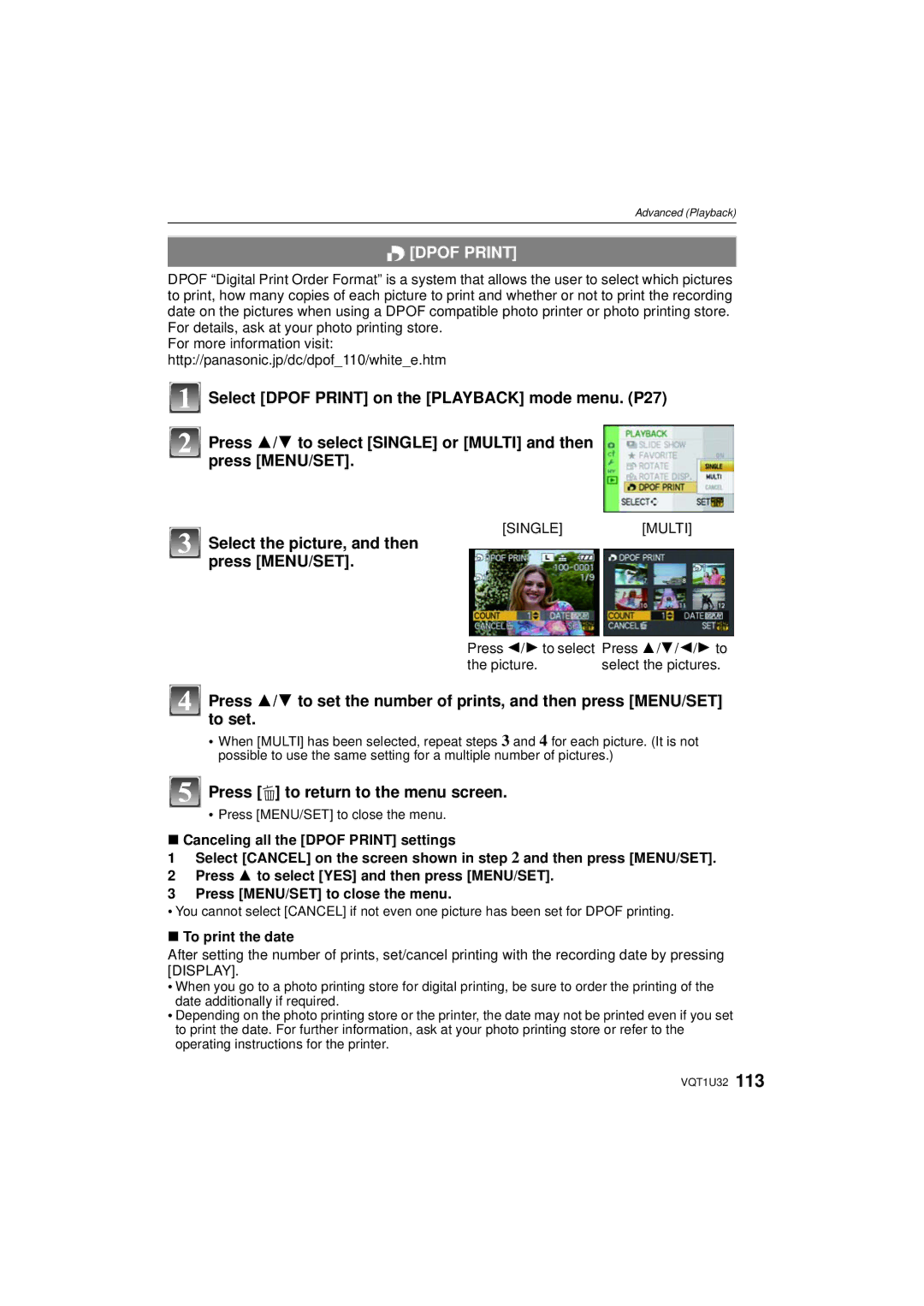 Panasonic DMC-G1K Dpof Print, Select the picture, and then press MENU/SET, Press 2/1 to select Press 3/4/2/1 to Picture 