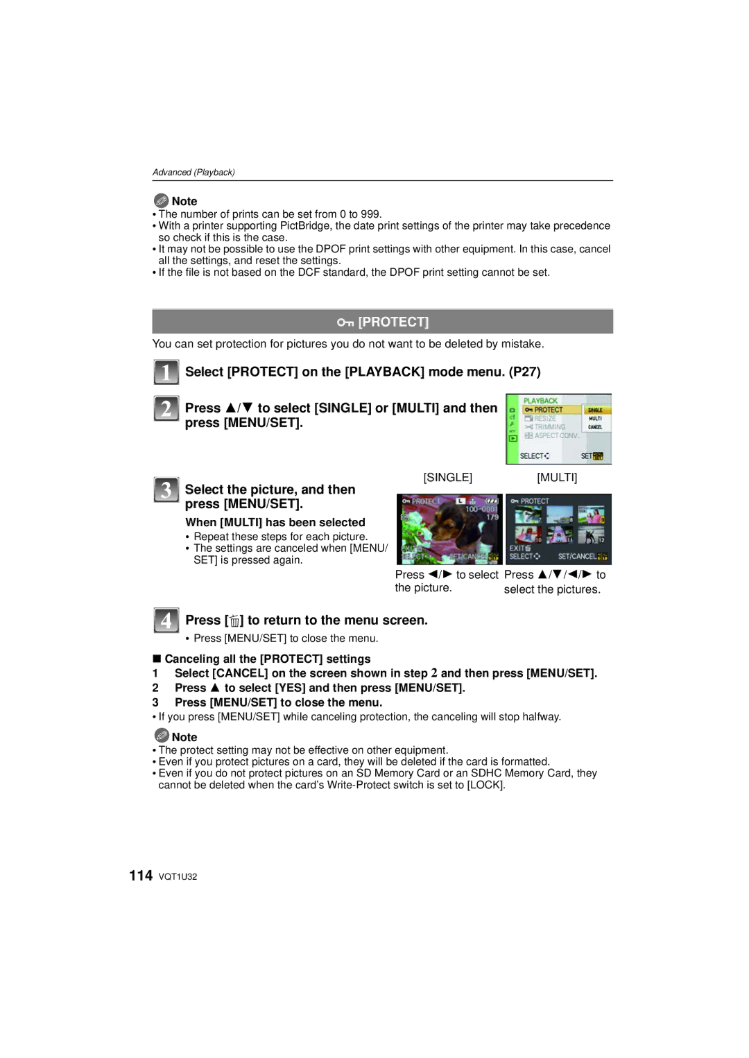 Panasonic DMC-G1K operating instructions Protect, When Multi has been selected 