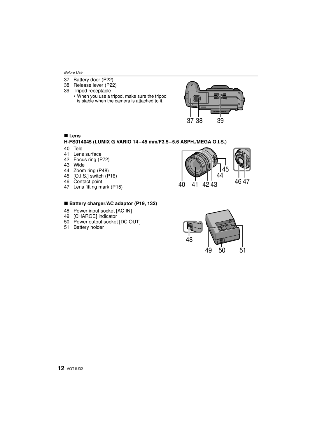 Panasonic DMC-G1K Battery door P22 Release lever P22 Tripod receptacle, Battery charger/AC adaptor P19 