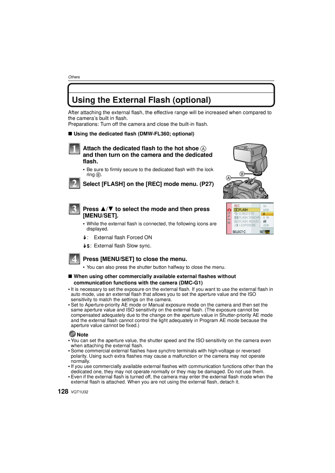 Panasonic DMC-G1K operating instructions Using the External Flash optional, Using the dedicated flash DMW-FL360 optional 