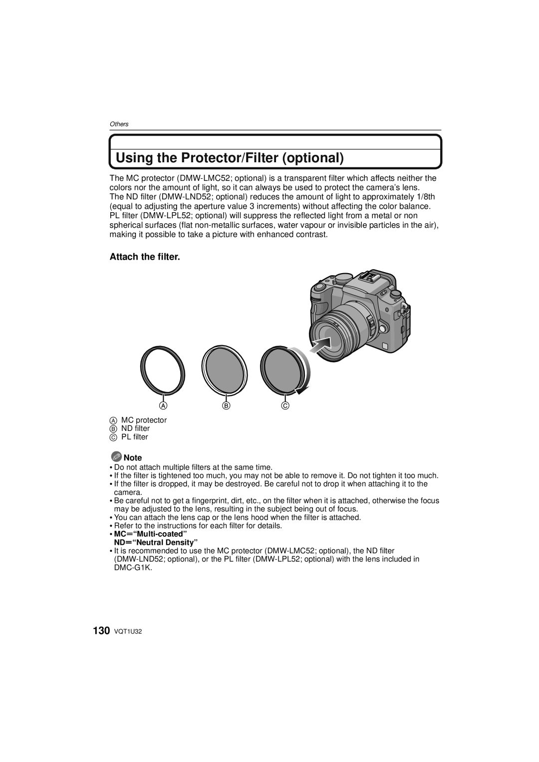 Panasonic DMC-G1K Using the Protector/Filter optional, Attach the filter, MCuMulti-coated NDuNeutral Density 