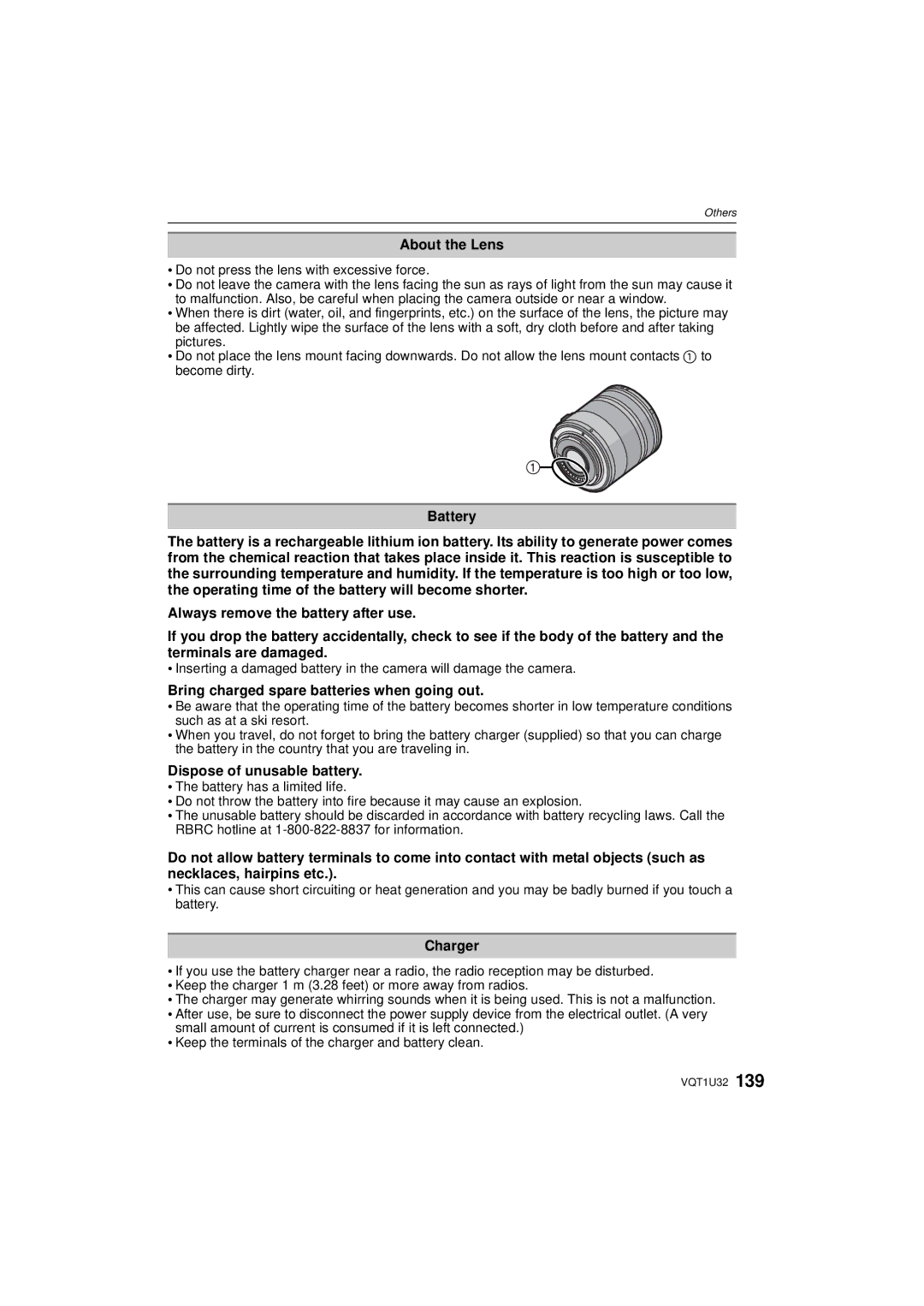 Panasonic DMC-G1K About the Lens, Battery, Bring charged spare batteries when going out, Dispose of unusable battery 