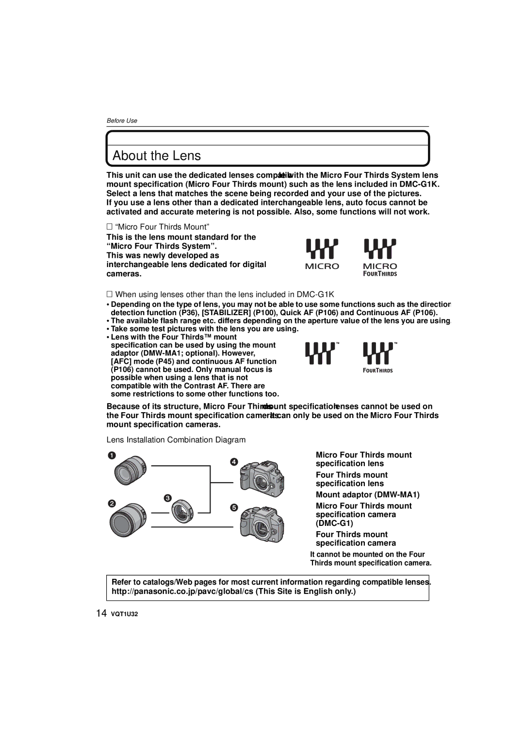 Panasonic About the Lens, Micro Four Thirds Mount, When using lenses other than the lens included in DMC-G1K 