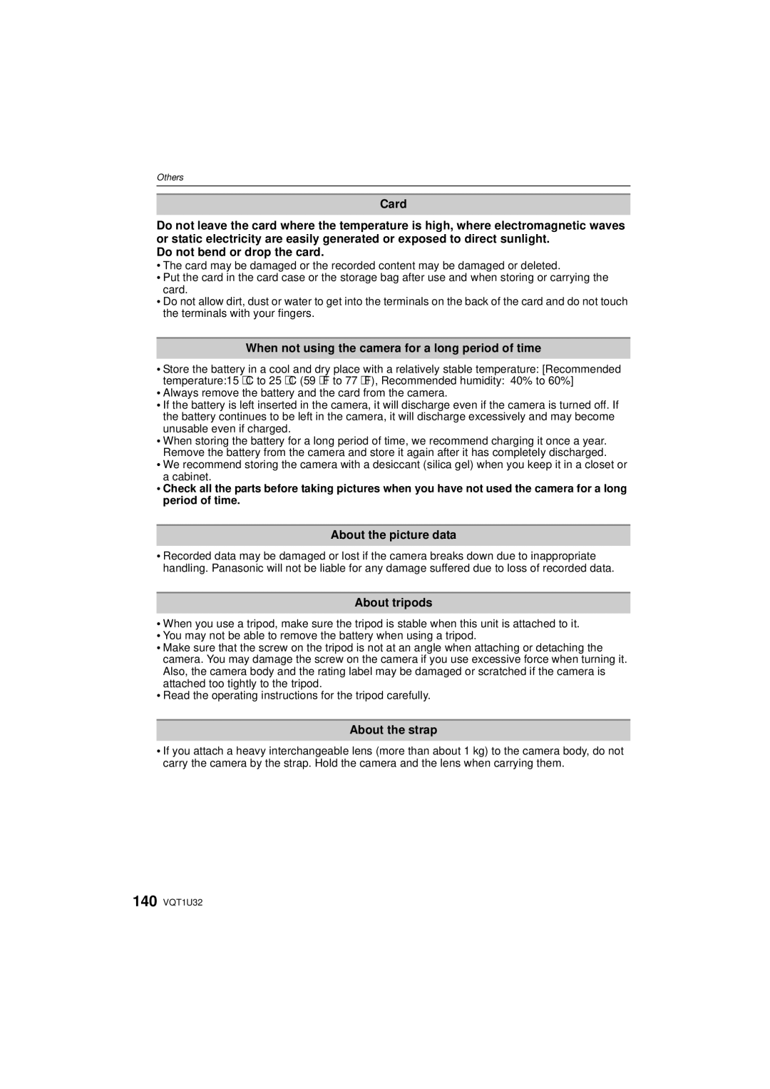 Panasonic DMC-G1K Do not bend or drop the card, When not using the camera for a long period of time, About tripods 