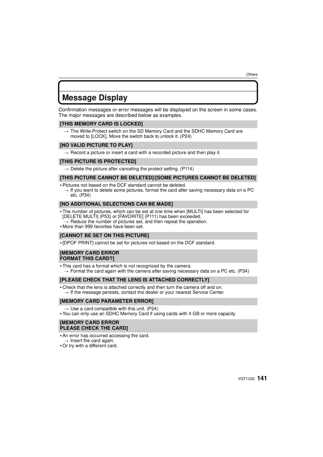 Panasonic DMC-G1K operating instructions Message Display 