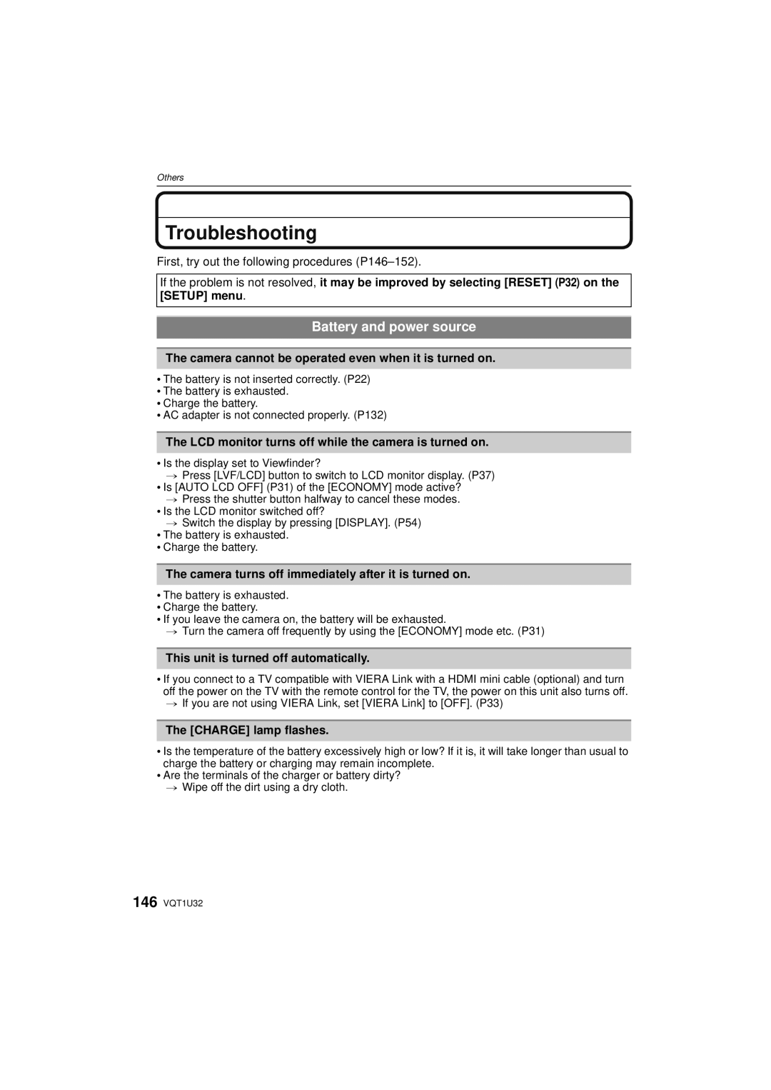 Panasonic DMC-G1K operating instructions Troubleshooting, Battery and power source 