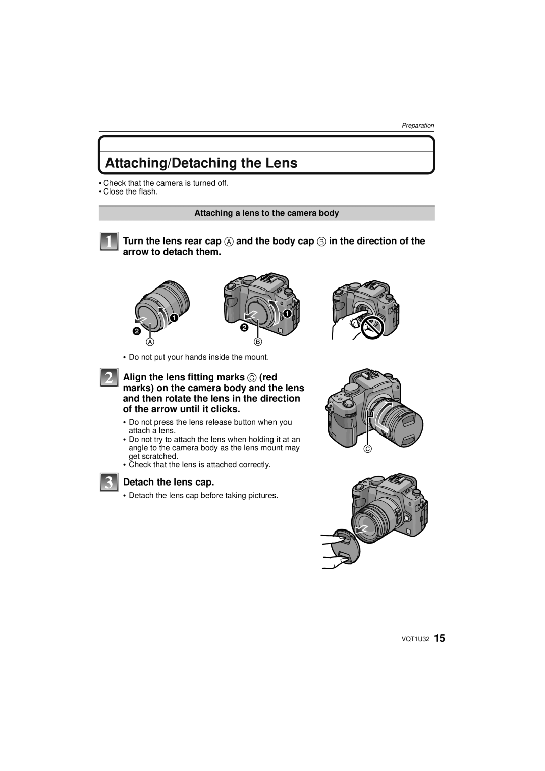 Panasonic DMC-G1K Attaching/Detaching the Lens, Detach the lens cap, Attaching a lens to the camera body 