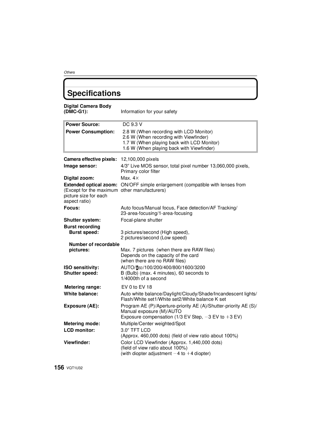 Panasonic DMC-G1K operating instructions Specifications 