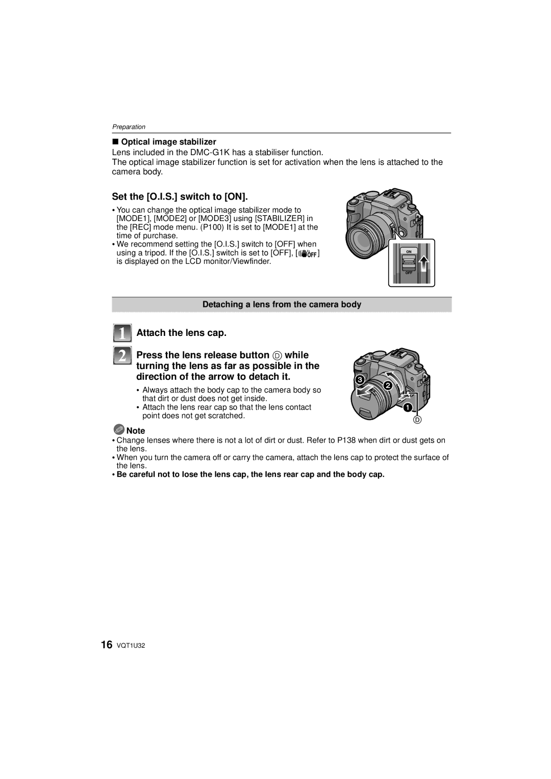 Panasonic DMC-G1K Set the O.I.S. switch to on, Optical image stabilizer, Detaching a lens from the camera body 