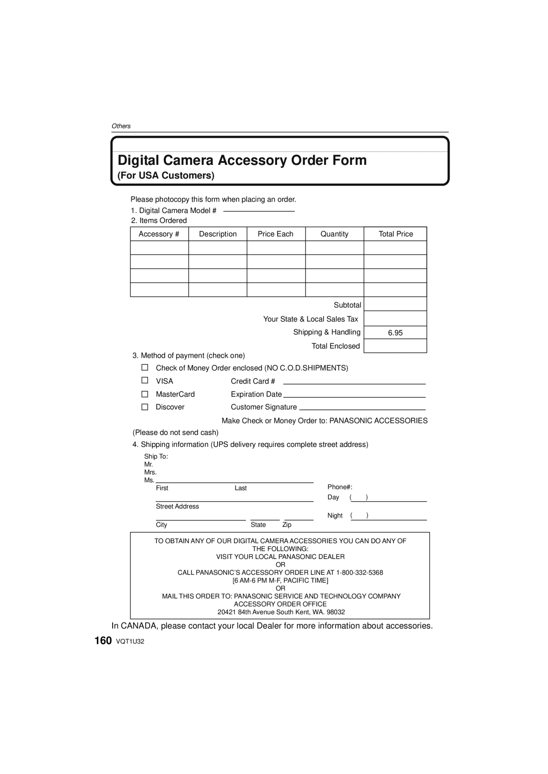 Panasonic DMC-G1K operating instructions Digital Camera Accessory Order Form, For USA Customers 