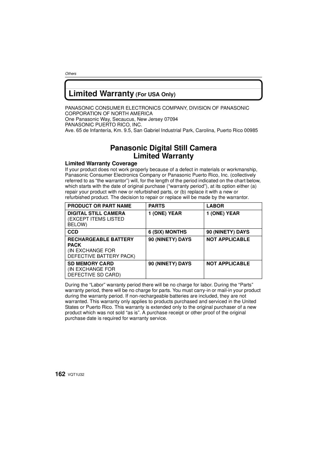 Panasonic DMC-G1K Limited Warranty For USA Only, Limited Warranty Coverage, One Panasonic Way, Secaucus, New Jersey 