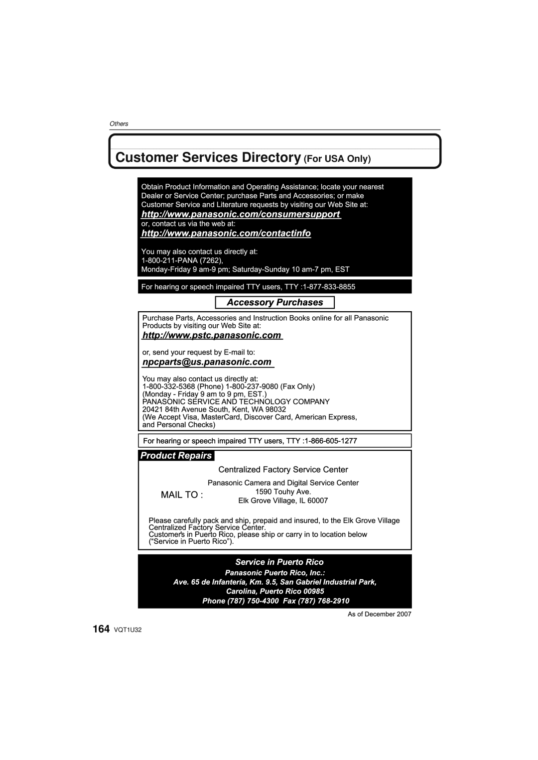 Panasonic DMC-G1K operating instructions Customer Services Directory For USA Only 