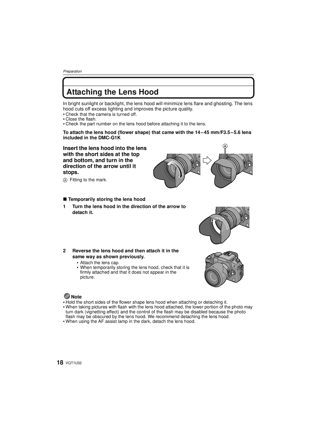 Panasonic DMC-G1K operating instructions Attaching the Lens Hood 