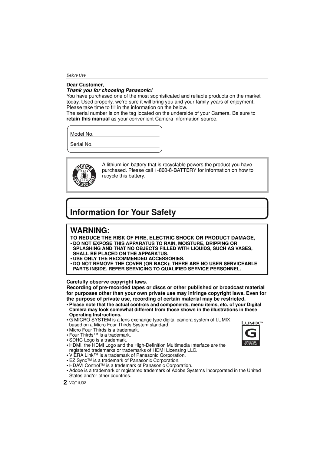 Panasonic DMC-G1K operating instructions Information for Your Safety, Dear Customer, Carefully observe copyright laws 