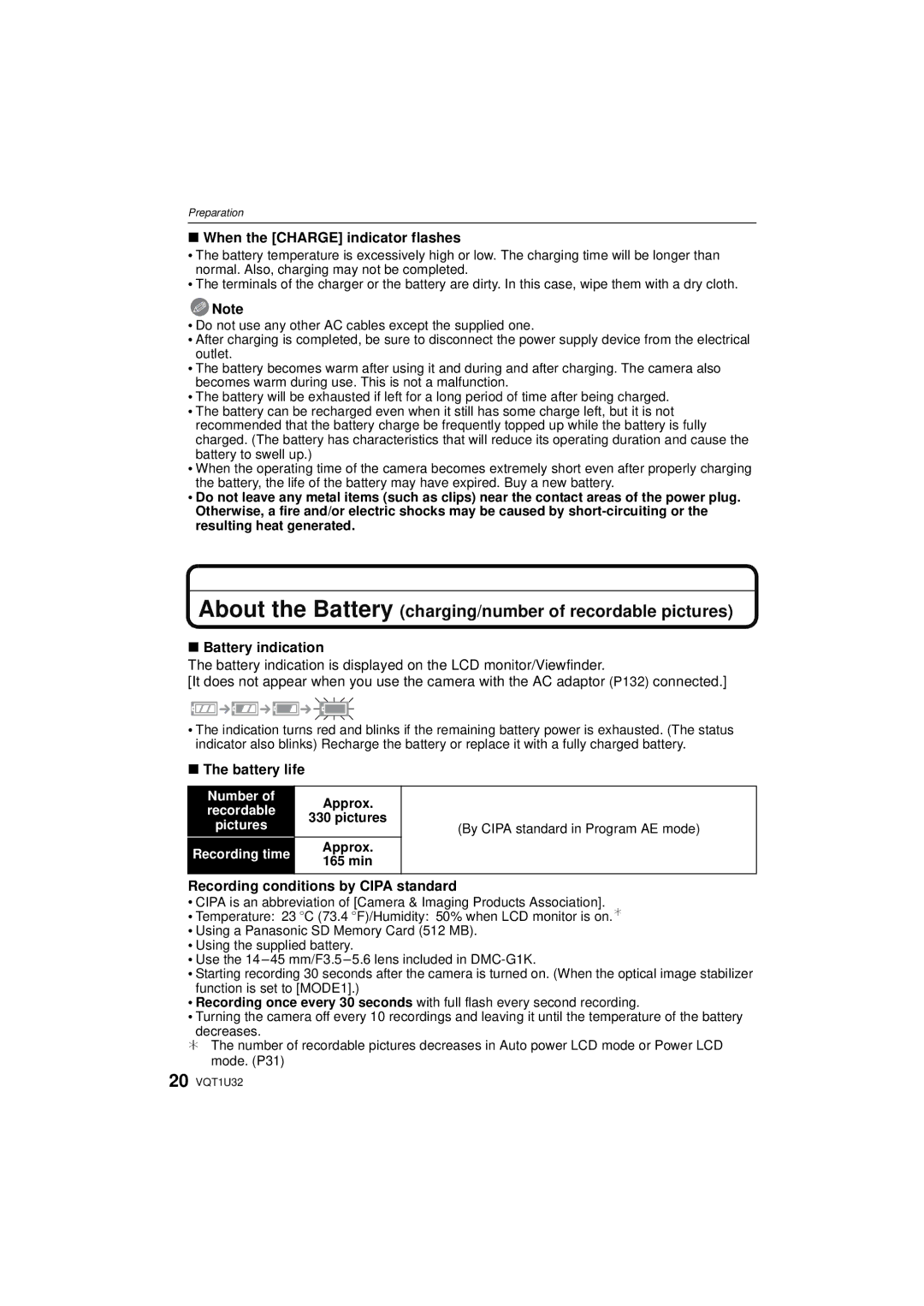 Panasonic DMC-G1K operating instructions When the Charge indicator flashes, Battery indication, Battery life 