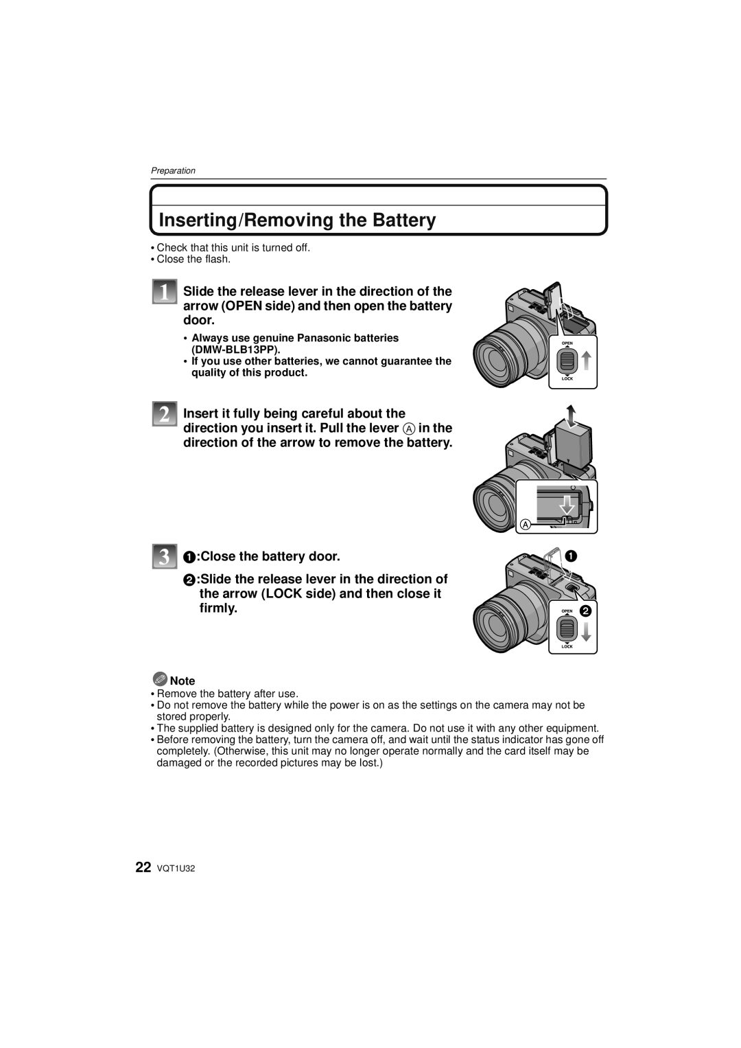 Panasonic DMC-G1K operating instructions Inserting/Removing the Battery 