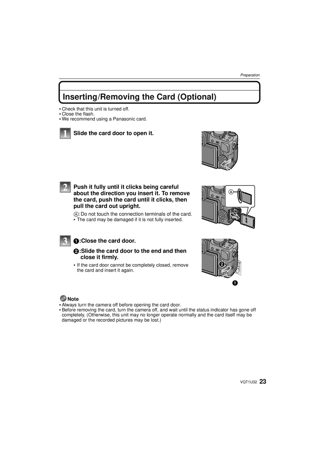 Panasonic DMC-G1K Inserting/Removing the Card Optional, Do not touch the connection terminals of the card 