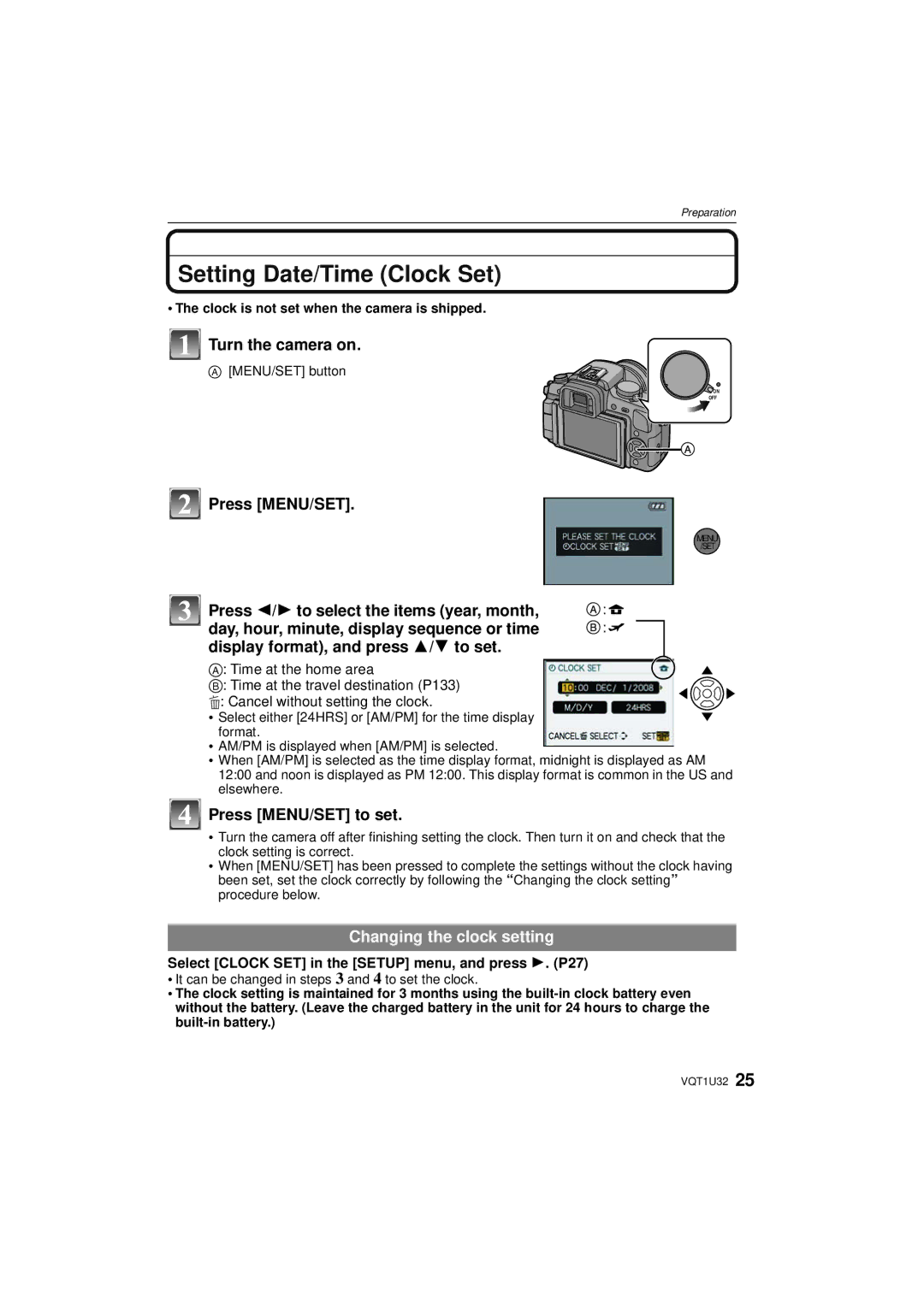 Panasonic DMC-G1K Setting Date/Time Clock Set, Turn the camera on, Press MENU/SET to set, Changing the clock setting 