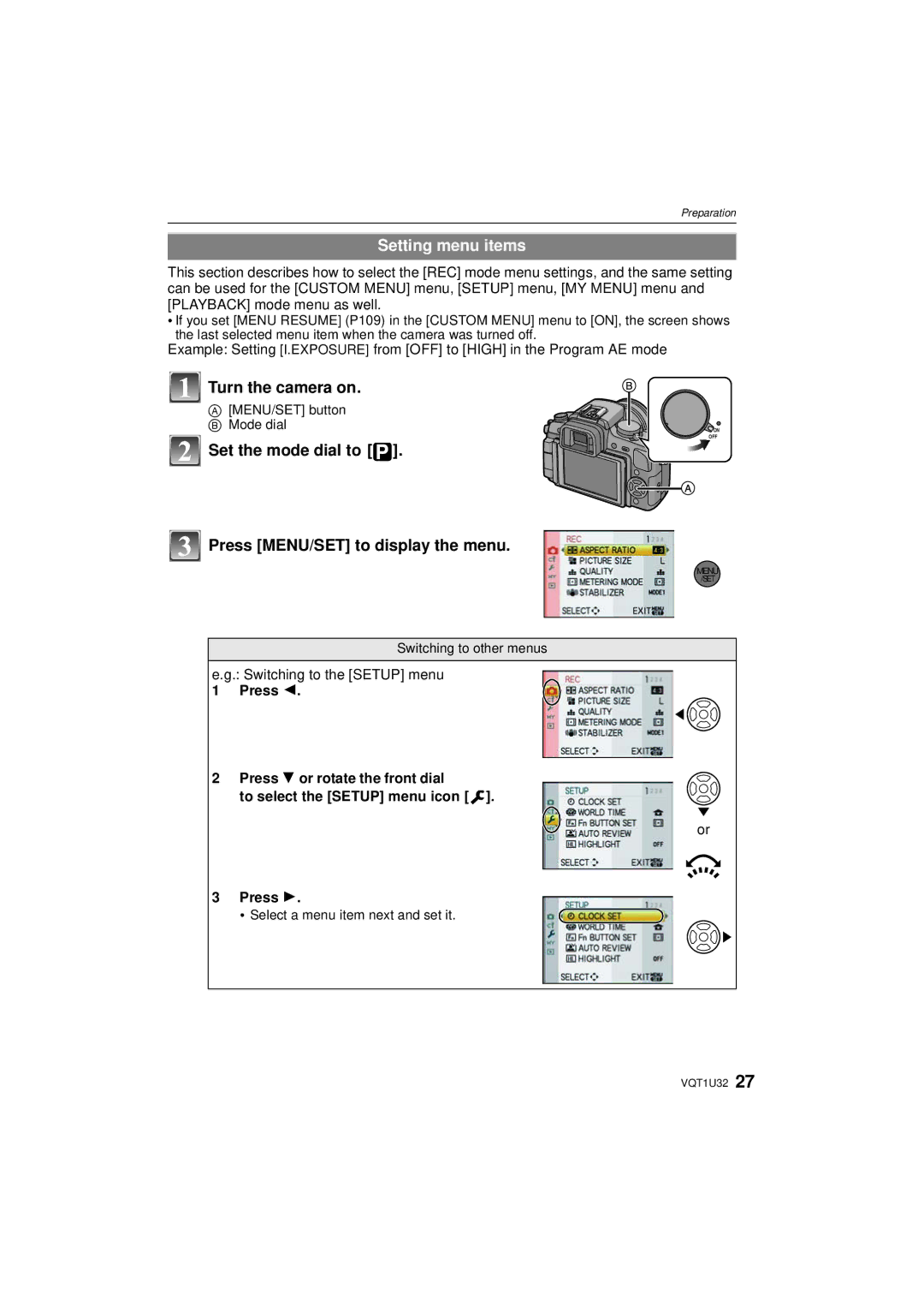 Panasonic DMC-G1K operating instructions Setting menu items, Set the mode dial to Press MENU/SET to display the menu 