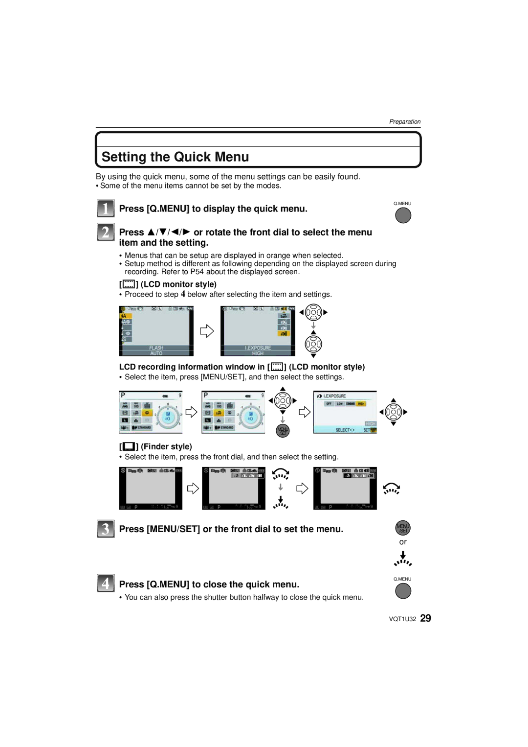 Panasonic DMC-G1K Setting the Quick Menu, Press Q.MENU to display the quick menu, Press Q.MENU to close the quick menu 