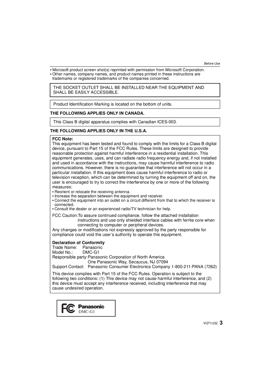 Panasonic DMC-G1K operating instructions Following Applies only in Canada, Following Applies only in the U.S.A, FCC Note 