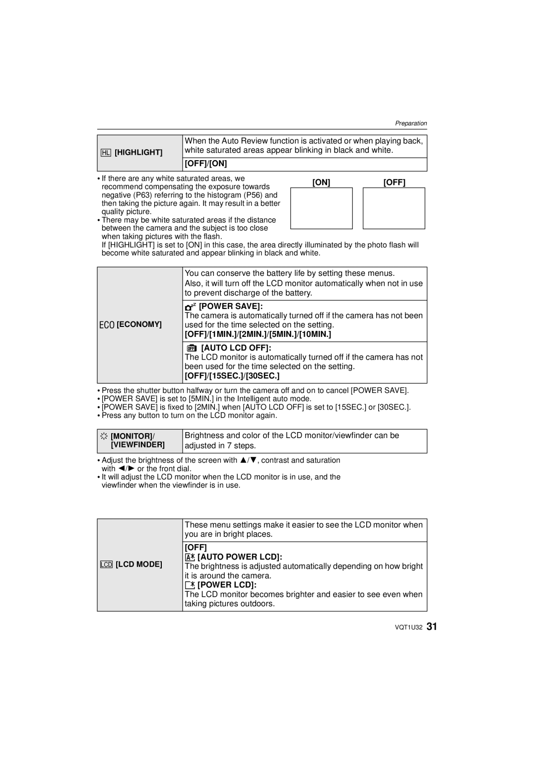 Panasonic DMC-G1K operating instructions Off, Auto LCD OFF, OFF „ Auto Power LCD, … Power LCD 